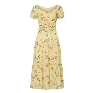 NWT Paloma Blue Yellow Floral Belted Ruched Midi Dress